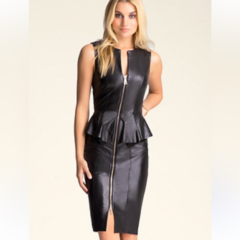 bebe Black leather Peplum Zipper Dress size 6‎ NWT